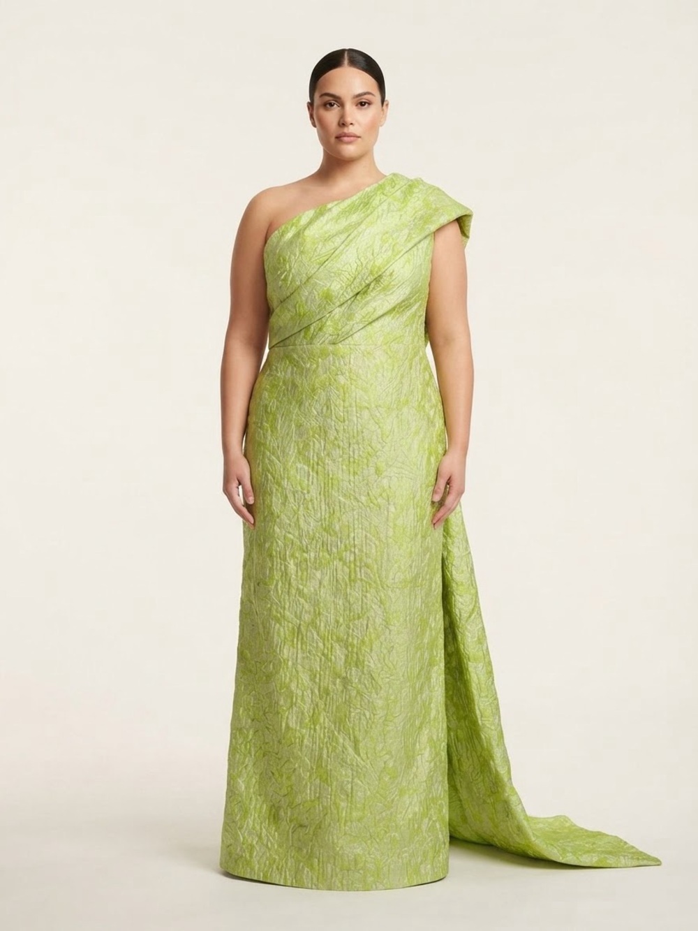 TS Couture Green Jacquard One Shoulder Gown Bow Train Formal Evening